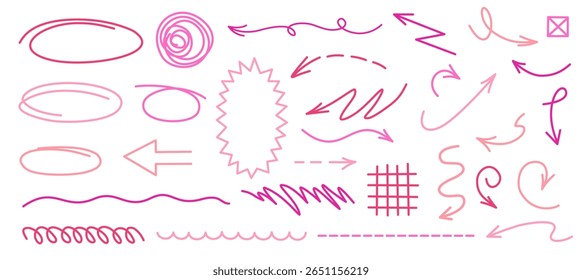 Pink pencil sketch arrows and oval shapes with soft grain texture for visual storytelling and notebook design
