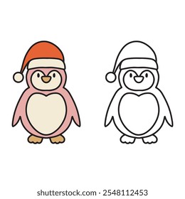 Pink Penguin vector illustration. Black and white outline. colored illustration. for coloring book or page for kids