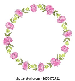 Pink peonies background. Floral decorative round frame, vector.