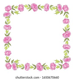 Pink peonies background. Floral square decorative frame, vector.