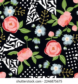 Pink peonies with blue flowers on a black background.Floral seamless pattern with geometric shapes and stripes white color.Print on fabric and paper.Cute endless wallpaper.Vector illustration.