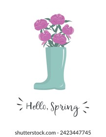 Pink peonies in blue gray rain boot. Beautiful spring flowers. Hello Spring concept. Floral composition. Vector illustration on white