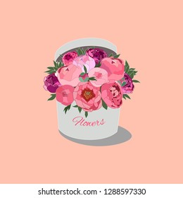 pink peonies in a box flower box on orange background, valentine's day flowers, beautiful bouquet in a bucket