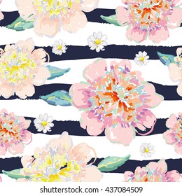 Pink peonies and daisies on the striped nautical background. Vector seamless pattern with flowers. 