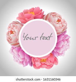 Pink peonies flower frame card logo concept realistic style 3d vector illustration. 