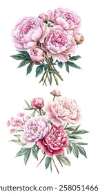 of pink peonies in full bloom, perfect for adding a touch of elegance and romance to any project. Ideal for wedding invitations, home decor, and greeting cards.