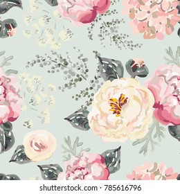 Pink peonies with gray leaves on the gray background. Watercolor vector seamless pattern. Romantic garden flowers illustration. Pastel colors.
