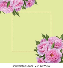 pink peonies with green leaves and buds and a gold frame on a green background.Close-up, isolated.The design element