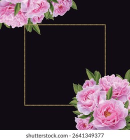 pink peonies with green leaves and buds and a gold frame on a black background.Close-up, isolated.The design element