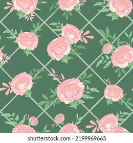 Pink peonies leaves bunches on green criss cross background vector seamless pattern. For walls, fabric, textiles, covers, wrapping, packaging and much more