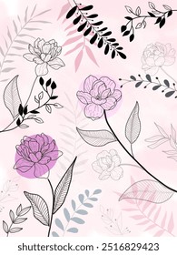 Pink peonies line art flower seamless pattern vector