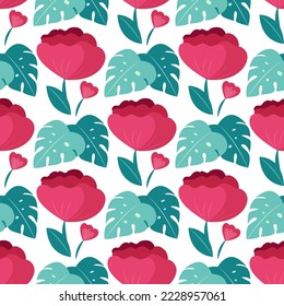 Las peonías rosadas con Monstera en un patrón inquebrantable. Ornamento natural en ilustración vectorial