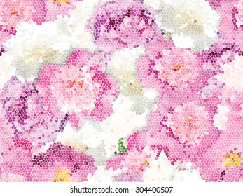 Pink peonies mosaic seamless texture. Flower vector texture.