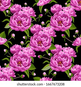 Pink peonies on black background. Abstract floral seamless pattern.   Flowers, buds, leaves in realistic style. Floral motifs. Vector.