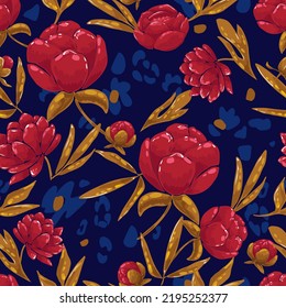 Pink peonies on a blue background with leopard spots seamless pattern. Suitable for printing on fabric and paper. Vector illustration.