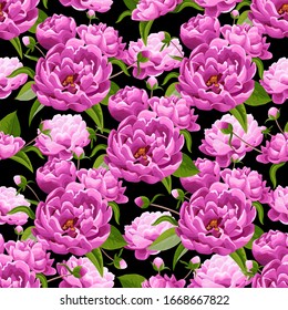 Pink peonies on green background. Abstract floral seamless pattern.   Flowers, buds, leaves in realistic style. Floral motifs. Vector.