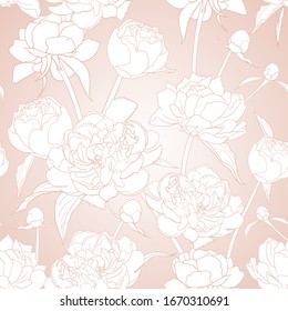 Pink peonies on green background. Abstract floral seamless pattern.   Flowers, buds, leaves in realistic style. Floral motifs. Vector.