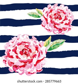 Pink peonies on the striped nautical background. Watercolor seamless pattern with big flowers.