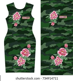 Pink peonies print design on camouflage background for dress. Summer / spring flowers textile collection.