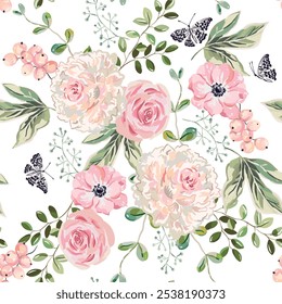 Pink peonies, roses, ranunculus flowers, currant berries, green leaves, butterflies, white background. Vector floral illustration. Seamless pattern. Summer plants. Botanical design