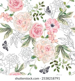 Pink peonies, roses, ranunculus flowers, currant berries, green leaves, butterflies, outline art on the white background. Vector floral illustration. Seamless pattern. Summer plants. Botanical design