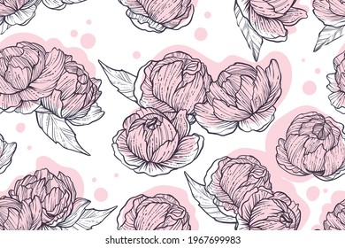 Pink peonies seamless pattern, color vector