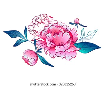 Pink peonies. Vector illustration on white background. It can be used for the logo, pattern, wedding invitations, cards, prints, texture fabric or wallpaper.