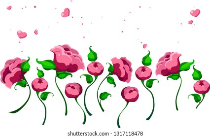 pink peonies vector pattern. peony flowers on stalks with leaves and small hearts