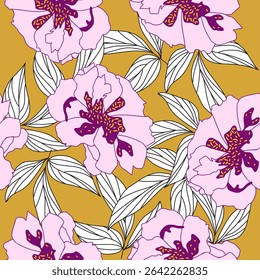 Pink Peonies With White Leaves and Buds. Rose Flowers on Mustard Yellow Background. Vector Seamless Pattern