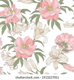 Pink peonies and white lilies, beautiful garden flowers, seamless vector illustration