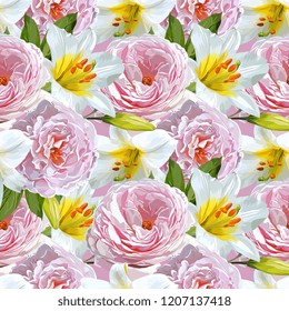 Pink Peonies And White Lilies Vector Illustration Seamless Pattern