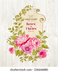 Pink peony background with a vintage label over wooden wall. Vector illustration..