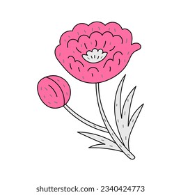 Pink peony doodle. Hand drawn botanical vector illustration in cartoon outline style. Textured with dots peony bud and blossom with leaves.