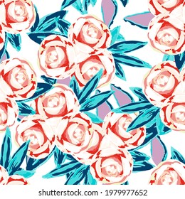 Pink Peony Drawing Vector Seamless Pattern. Blossom Light Template. Red and Blue Summer Felt pen Illustration. Tulip Valentine Background.