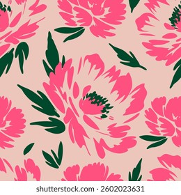 Pink peony floral pattern with beige background. Seamless pattern with florals for fabric, textiles, clothing, wrapping paper. Vector illustration