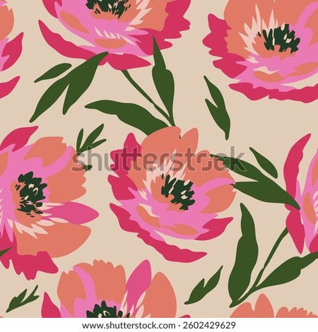 Pink peony floral pattern with beige background. Seamless pattern with florals for fabric, textiles, clothing, wrapping paper. Vector illustration