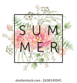 Pink peony flower, green leaves, fern bouquet, frame, white background. Print for t shirt, poster, text Summer. Vector illustration. Floral arrangement. Design template greeting card