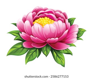 Pink peony flower with lush petals and green leaves. Vector cartoon illustration