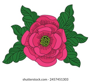 Pink peony is a flower surrounded by leaves. Theme of flowering and love. Environment protection. Drawing in flat style. Vector illustration