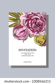 Pink peony flower and two buds. Floral wedding invitation, brochure cover, postcards, banner and background design template. Vector illustration.
