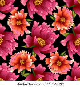 Pink peony flower in a vector style. Seamless background pattern. Fabric wallpaper print texture. Full name of the plant: peony. Vector flower for background, wrapper pattern, frame or border.