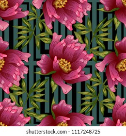 Pink peony flower in a vector style. Seamless background pattern. Fabric wallpaper print texture. Full name of the plant: peony. Vector flower for background, wrapper pattern, frame or border.