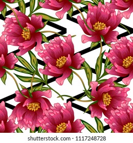 Pink peony flower in a vector style. Seamless background pattern. Fabric wallpaper print texture. Full name of the plant: peony. Vector flower for background, wrapper pattern, frame or border.