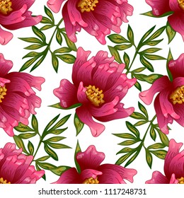 Pink peony flower in a vector style. Seamless background pattern. Fabric wallpaper print texture. Full name of the plant: peony. Vector flower for background, wrapper pattern, frame or border.