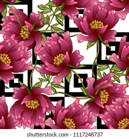 Pink peony flower in a vector style. Seamless background pattern. Fabric wallpaper print texture. Full name of the plant: peony. Vector flower for background, wrapper pattern, frame or border.