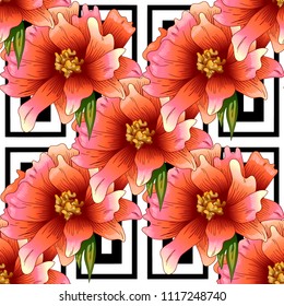 Pink peony flower in a vector style. Seamless background pattern. Fabric wallpaper print texture. Full name of the plant: peony. Vector flower for background, wrapper pattern, frame or border.