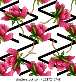 Pink peony flower in a vector style. Seamless background pattern. Fabric wallpaper print texture. Full name of the plant: peony. Vector flower for background, wrapper pattern, frame or border.