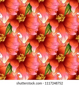 Pink peony flower in a vector style. Seamless background pattern. Fabric wallpaper print texture. Full name of the plant: peony. Vector flower for background, wrapper pattern, frame or border.