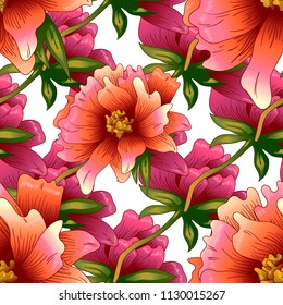 Pink peony flower in a vector style. Seamless background pattern. Fabric wallpaper print texture. Full name of the plant: peony. Vector flower for background, wrapper pattern, frame or border.