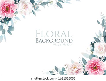 Pink peony flower and white rose with greenery frame border on white background. floral template for wedding invitation or greeting card, banner. All elements are isolated and editable. Vector.